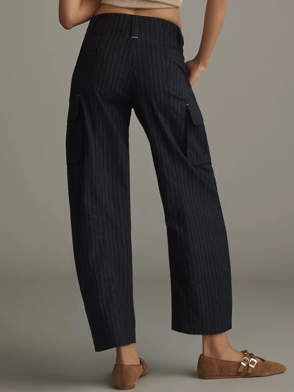 Anthropologie Pilcro Pinstripe Curved Barrel Leg Pants Navy Blue Size 26